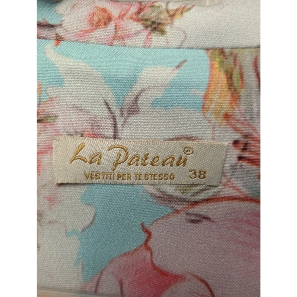 La Pateau Turquoise Pink Floral Ruched 3/4 Sleeve Single Button Blazer‎ Size 38